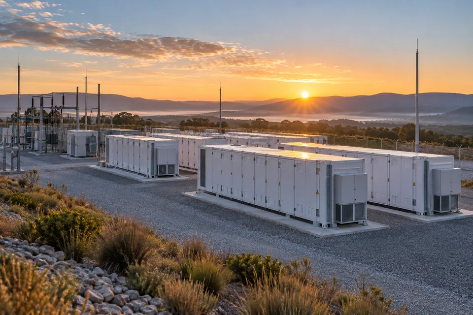Illustration of a battery energy storage facility at sunrise